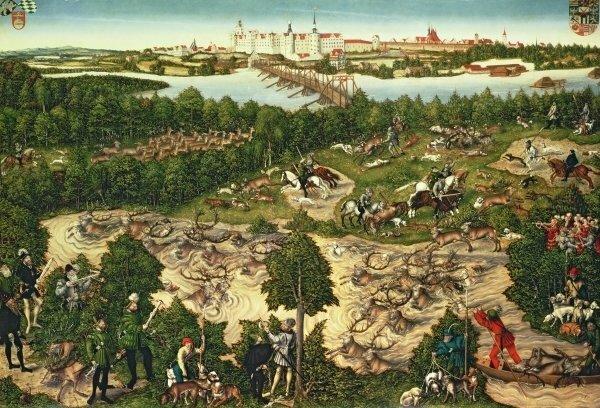 Hunt in Honour of the Emperor Charles V near Hartenfels Castle, Torgau, 1544 by Lucas, the Elder Cranach Framed Art Print Magnolia Box Size: Large on Productcaster.