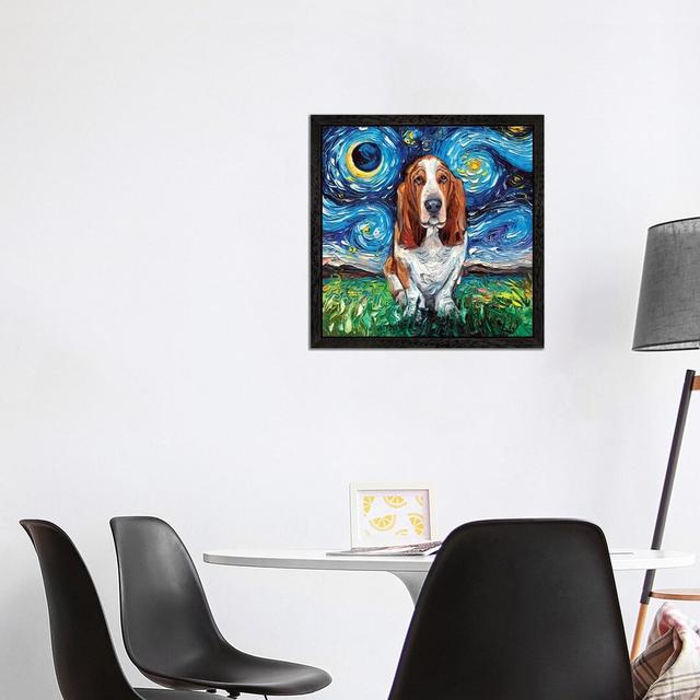 'Basset Hound Night' by Aja Trier - Floater Frame Painting Print on Canvas Ebern Designs Frame Option: Black Framed, Size: 45.72cm H x 45.72cm W x 3.8 on Productcaster.