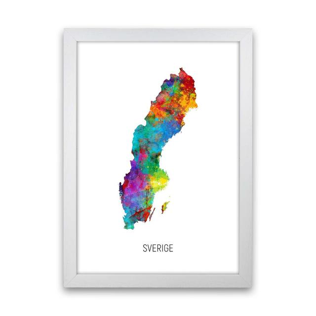 Sverige Watercolour Map by Michael Tompsett - Print Latitude Run Size: 46cm H x 34cm W x 3cm D, Format: White Framed on Productcaster.