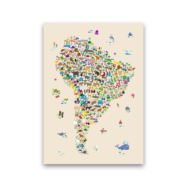 Animal Map of South America by Michael Tompsett - Graphic Art Zoomie Kids Size: 30cm H x 21cm W x 1cm D, Format: Unframed on Productcaster.