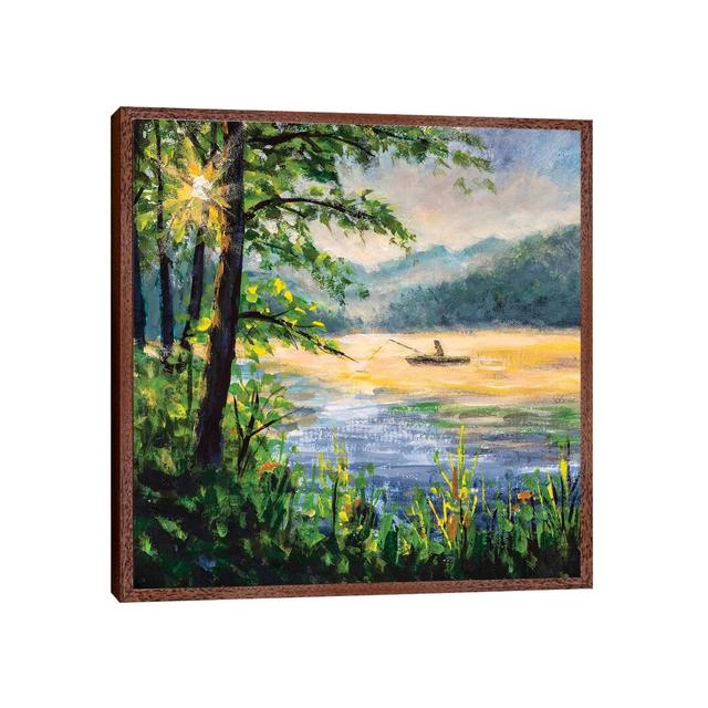 Fishing Painting. Fisherman In Boat In Beautiful Morning Lake. - Print Union Rustic Format: Classic Brown Wood Framed, Size: 66.04cm H x 66.04cm W x 3 on Productcaster.