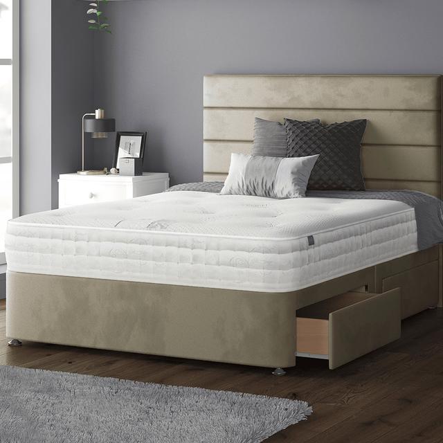 Kiara Stripped Floor Standing Headboard with Divan Base Plush Velvet and Metal Feet Fairmont Park Colour: Coffee, Size: Single (3'), Storage Type: 2 R on Productcaster.