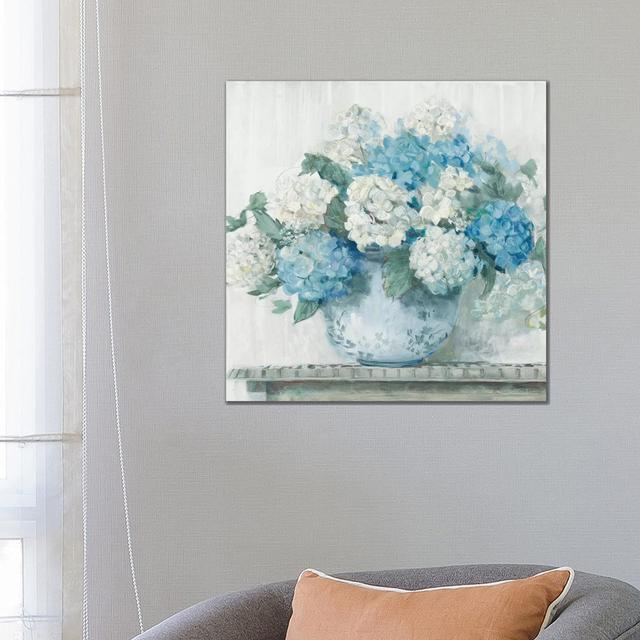 Blue Hydrangea Cottage Crop by Carol Rowan - Painting Print on Canvas Fleur De Lis Living Size: 66.04cm H x 66.04cm W x 3.81cm D, Frame Option: No Fra on Productcaster.