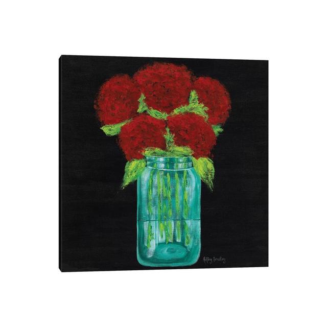 Red Hydrangeas In Mason Jar by Ashley Bradley - Print on Canvas Rosalind Wheeler Size: 93.98cm H x 93.98cm W x 3.81cm D, Format: Wrapped Canvas on Productcaster.