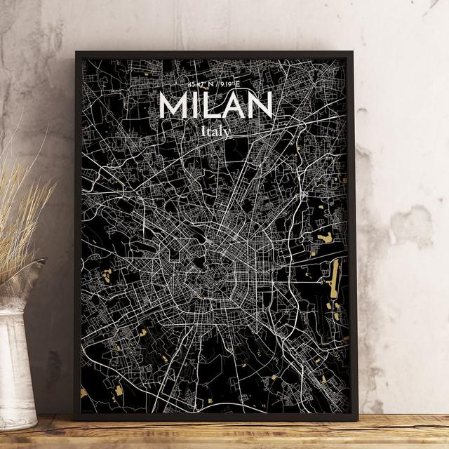 Milan City Map - Unframed Graphic Art Print on Paper East Urban Home Size: 70cm H x 50cm W x 0.1cm D, Colour: Black/Blue on Productcaster.