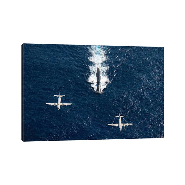 Two P-3 Orion Maritime Surveillance Aircraft Fly Over Attack Submarine USS Houston House of Hampton Size: 20.32cm H x 30.48cm W x 1.905cm D on Productcaster.