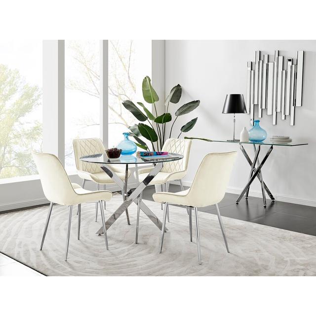 Tierra Modern Chrome Metal & Glass Round Dining Table Set With 4 Luxury Velvet Dining Chairs Furniture Box Chair Colour: Cream/Silver on Productcaster.