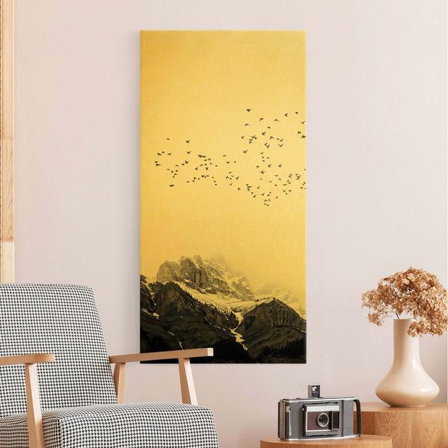 Flock of Birds in Front of Mountains, Black and White - Wrapped Canvas Graphic Art Union Rustic Size: 60cm H x 30cm W on Productcaster.