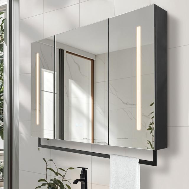 Daciano Modern LED Bathroom Mirror Cabinet – 100cm x 68cm, 3 Doors with Anti-Fog and Stylish Black Finish Perspections on Productcaster.