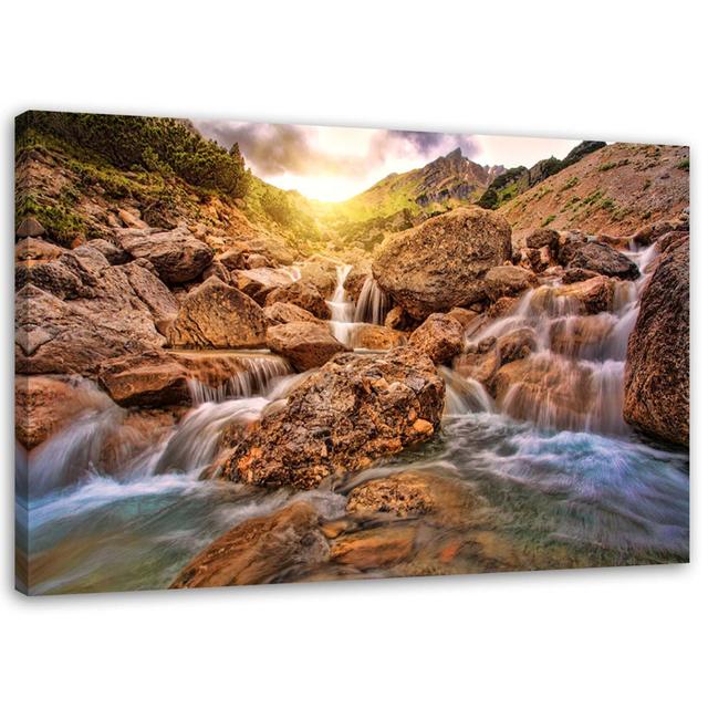 Canvas Print Waterfall Mountains Stone Union Rustic Size: 80cm H x 120cm W x 2cm D on Productcaster.