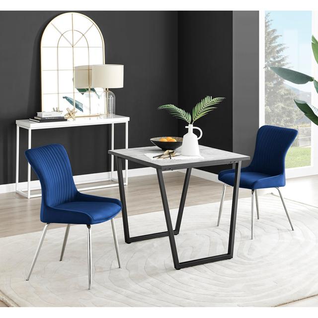 Industrial Design White & Grey Marble Effect Melamine Dining Table and 2 Velvet Dining Chairs Canora Grey Colour: Blue/Silver on Productcaster.