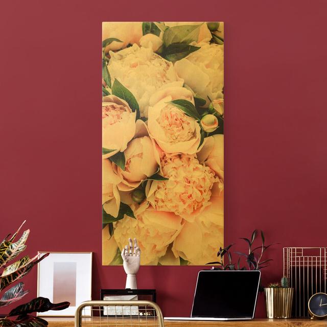 Pink Peonies with Leaves - Wrapped Canvas Photograph Canora Grey Format: 260g/m² canvas, Frame Option: Gold, Size: 80cm H x 40cm W on Productcaster.