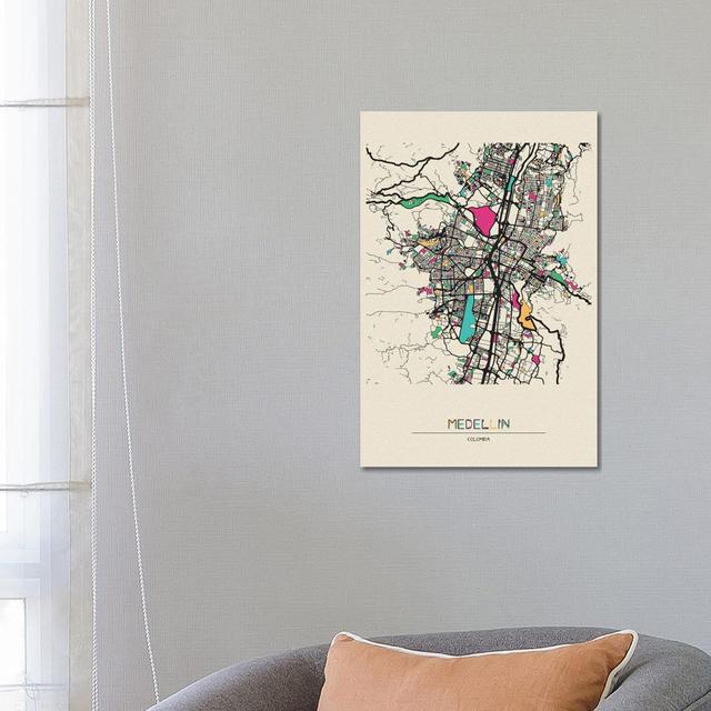 Medellin, Colombia Map by Ayse Deniz Akerman - Wrapped Canvas Graphic Art Williston Forge Size: 66cm H x 46cm W x 3.8cm D on Productcaster.