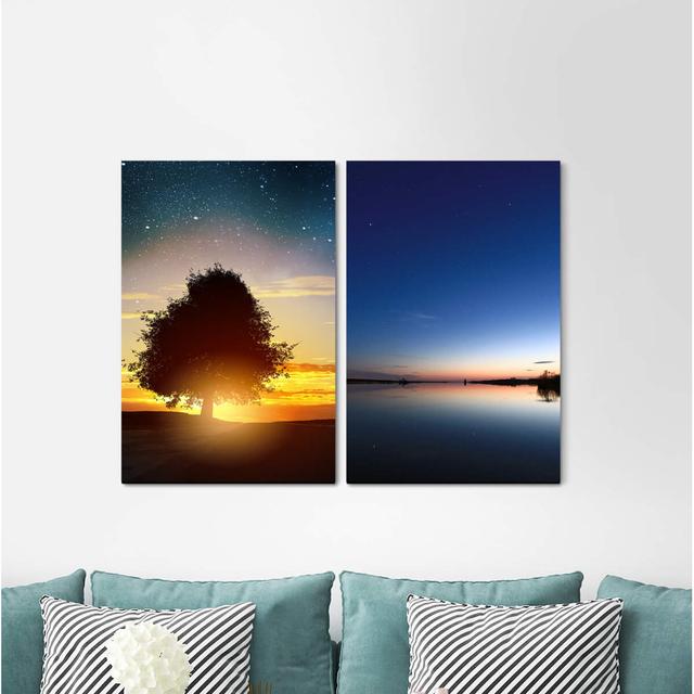 2-tlg. Leinwandbilder-Set - Fotografie „Tree Evening Red Sunset Sea Stars Night Sky” East Urban Home on Productcaster.