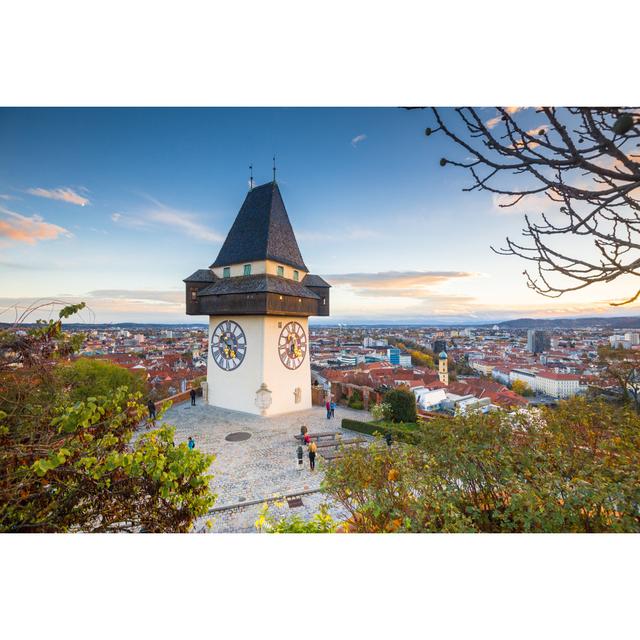 Graz Clock Tower at Sunset by Bluejayphoto - Wrapped Canvas Photograph 17 Stories Size: 81cm H x 122cm W on Productcaster.