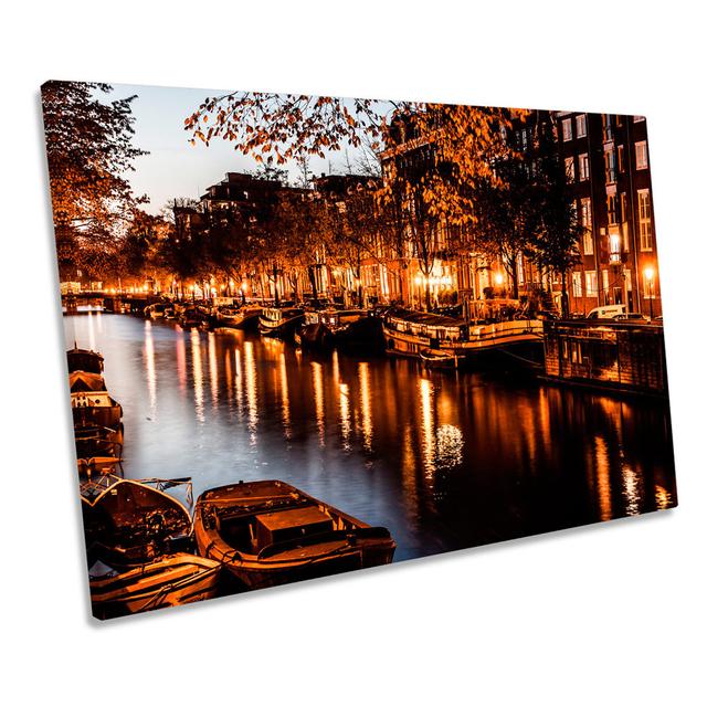 Amsterdam City Canal Night Wrapped Canvas Art Print Ebern Designs Size: 30.5cm H x 45.7cm W on Productcaster.