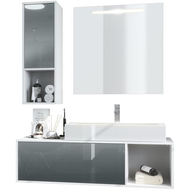 Jezelle 3 Piece Bathroom Storage Furniture Set with Mirror Ivy Bronx Ausstattung: With washbasin and tap, Colour/Finish: High-gloss grey on Productcaster.