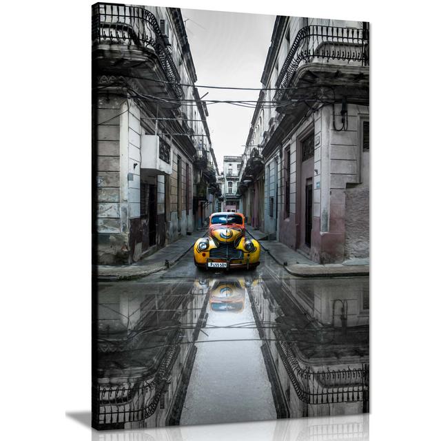 Panther Print Fine Art Prints Yellow Classic Retro Car Parked On The Streets Of Havana Artistic Framed Canvas Prints, Pictures For Home Walls, Bedroom on Productcaster.