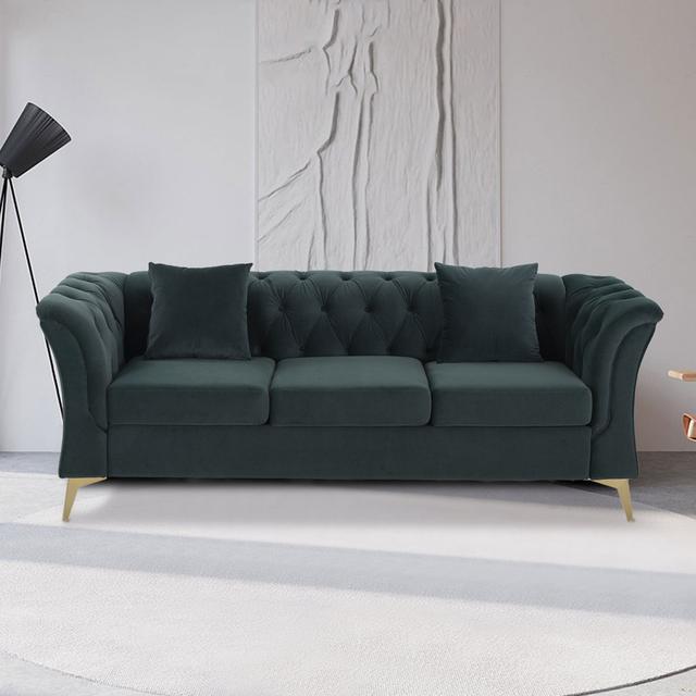 215Cm Velvet Scroll Arms Chesterfield Sofa Blue Elephant Upholstery Colour: Green on Productcaster.