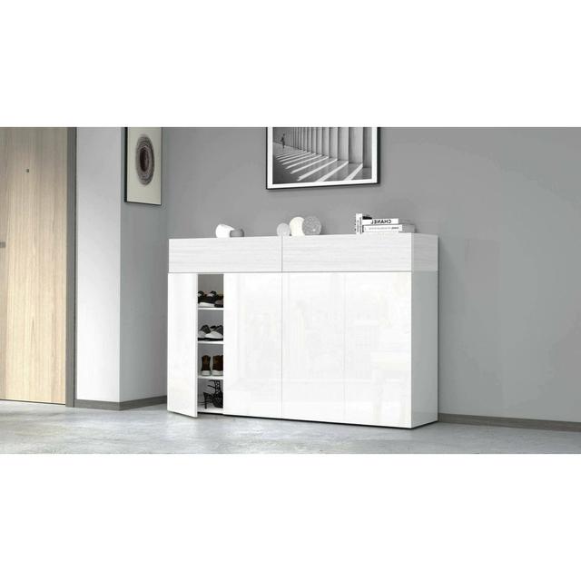 Shoe rack Dcandrev, space,saving shoe rack with 6 doors, 154x38h100 cm Ebern Designs Finish: White on Productcaster.