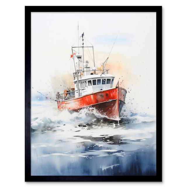 Trawler Fishing Boat Red Blue Rough Sea - Single Picture Frame Print Breakwater Bay on Productcaster.