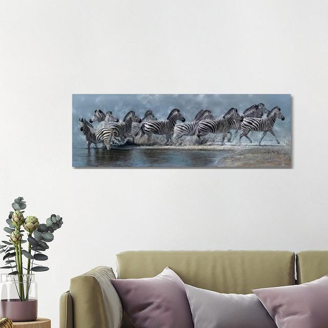 Flight Of The Zebras by Pip McGarry - Wrapped Canvas Panoramic Print Union Rustic Size: 40.64cm H x 121.92cm W x 1.91cm D on Productcaster.