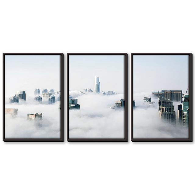 Cloudy City - 3 Piece Graphic Art Set on Canvas Clock Canvas Format: Black Framed, Size: 70cm H x 150cm W x 4.5cm D on Productcaster.