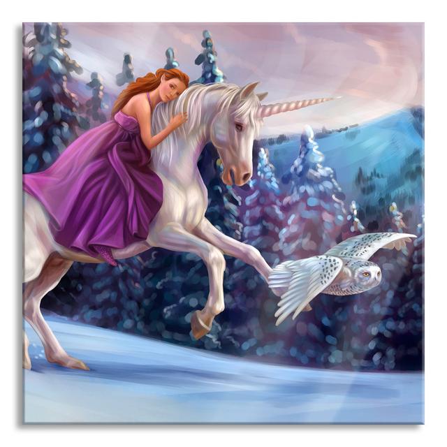 Girl Rides a Unicorn in Winter - Unframed Graphic Art on Glass Happy Larry Size: 60cm H x 60cm W x 0.4cm D on Productcaster.