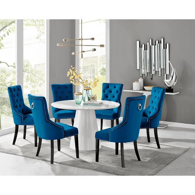 6 - Person Dining Set Canora Grey Table Top Colour: White High Gloss, Chair Colour: Blue, Table Base Colour: White on Productcaster.