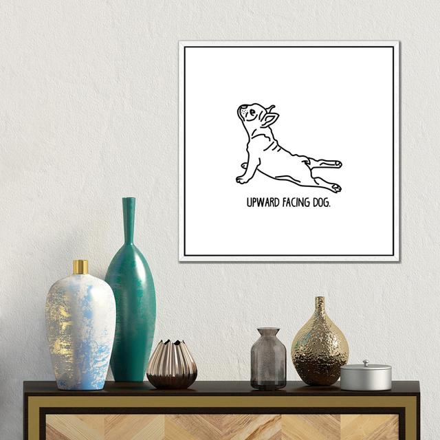 Yoga Dog von Sketch And Paws - Galerie-verpackte Leinwand Giclée auf Leinwand Lark Manor Format: Schattenfugenrahmen in Weiß, Größe: 45,72 cm H x 45,7 on Productcaster.