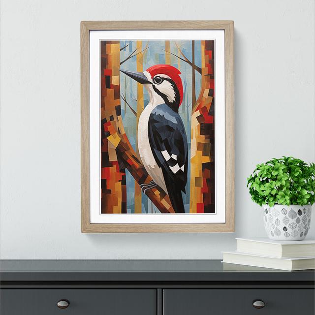 Woodpecker Cubism - Single Picture Frame Print on Wood Marlow Home Co. Frame Colour: Oak, Size: 46cm H x 34cm W x 2cm D on Productcaster.