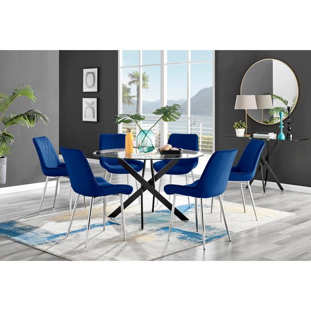 Tierra Modern Chrome Metal & Glass Round Dining Table Set with 6 Luxury Faux Leather Chairs Furniture Box Colour: Navy/Silver on Productcaster.