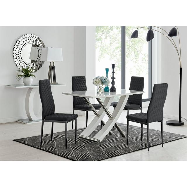 Alicia Modern Glass & Wood Finish Dining Table Set with 4 Quilted Faux Leather Dining Chairs Canora Grey Colour (Chair): Black on Productcaster.