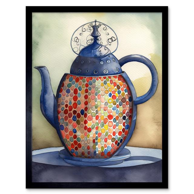 Enamelled Teapot Colourful Tea Kettle Folk Art Watercolour Painting Artwork Framed Wall Art Print 9X7 Inch ClassicLiving on Productcaster.