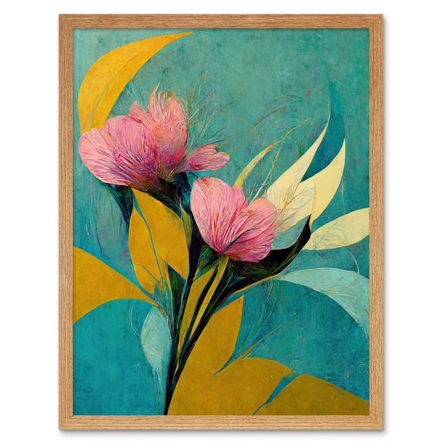 Abstract Floral Teal Pink Mustard Flower - Art Prints Wee Blue Coo Size: 43cm H x 33cm W x 2cm D, Format: Light Brown Framed Unframed on Productcaster.