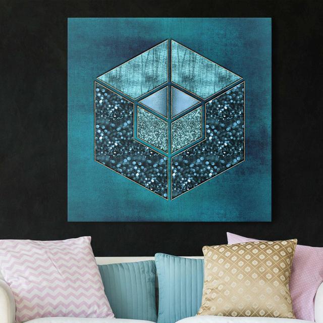 Leinwandbild "Blue Hexagon with Gold Shape" Canora Grey Größe: 60 cm H x 60 cm B, Format: 260g/m² Canvas on Productcaster.