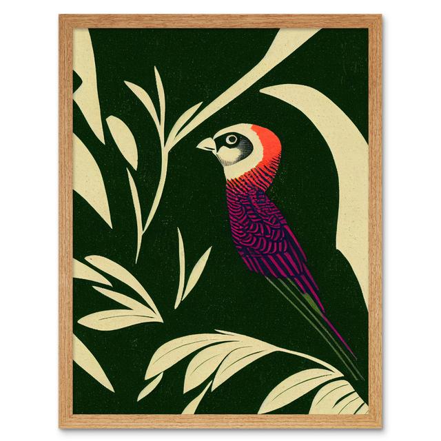 Parakeet Tropical Plant Vintage Linocut Pattern - Print Wee Blue Coo Size: 43cm H x 33cm W x 2cm D, Format: Light Brown Framed Paper on Productcaster.