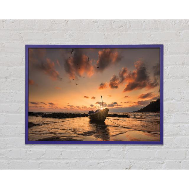 Sunset Finishing Boat On The Beach Framed Print Longshore Tides Size: 29.7cm H x 42cm W x 2cm D, Format: Purple Framed Paper on Productcaster.