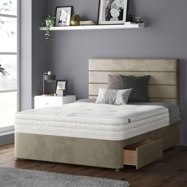 Kiara Stripped Floor Standing Headboard with Divan Base Plush Velvet and Metal Feet Fairmont Park Colour: Coffee, Storage Type: 2 Right Drawers, Size: on Productcaster.