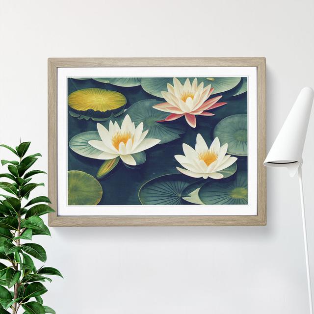 Sacred Water Lily Flowers - Picture Frame Painting Latitude Vive Size: 34cm H x 46cm W x 2cm D, Frame Colour: Oak on Productcaster.