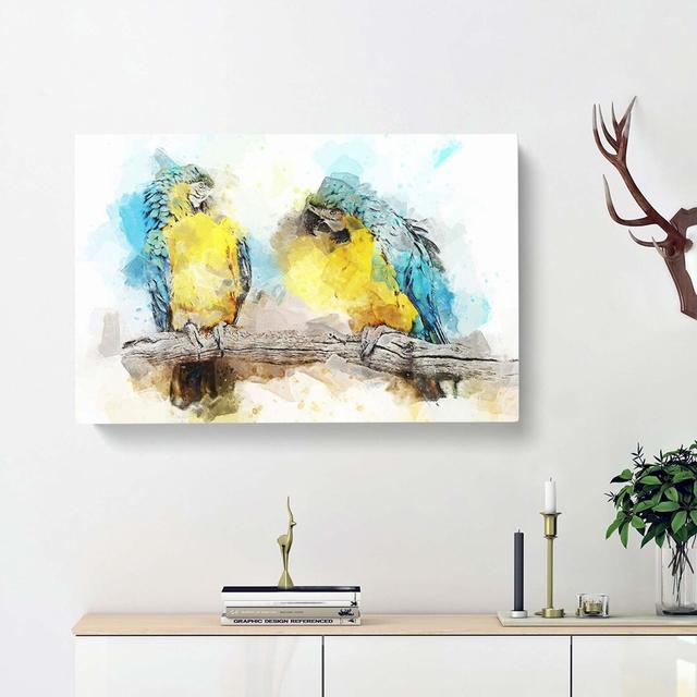 Two Blue & Yellow Macaw Parrots In Abstract - Wrapped Canvas Painting East Urban Home Size: 35cm H x 50cm W x 3cm D on Productcaster.