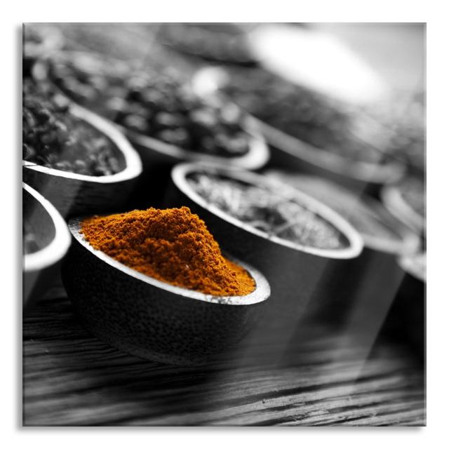 Glasbild Diverse Spices on a Wooden Table Brayden Studio Größe: 60 cm H x 60 cm B x 0.4 cm T, Farbe: Grau/Braun/Blau on Productcaster.