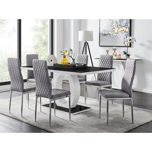 Scottsmoor Modern Halo 6 Seat Dining Table Set - Luxury Velvet Dining Chairs Canora Grey Table Base Colour: Black, Table Top Colour: Black, Chair Colo on Productcaster.