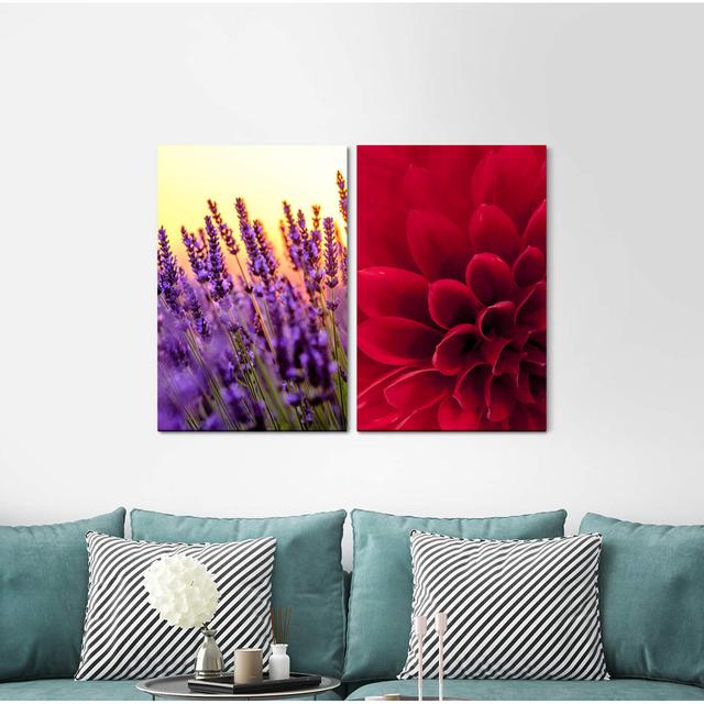 2-tlg. Leinwandbilder-Set - Grafikdruck „Dahlia Red Blossom Lavender Field Summer Sun Flowers” East Urban Home on Productcaster.