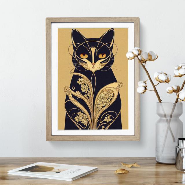 Cat Art Deco No.4 - Picture Frame Graphic Art Marlow Home Co. Size: 64cm H x 46cm W x 2cm D, Frame Colour: Oak on Productcaster.