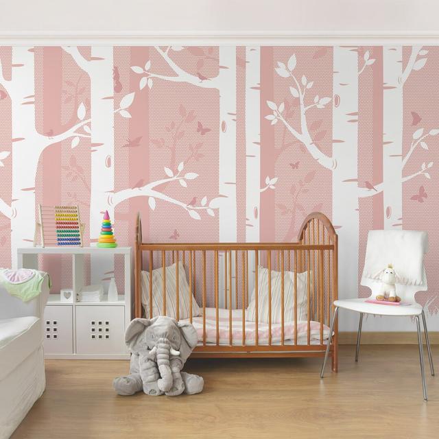 Birch Forest with Butterflies and Birds Semi-Gloss Wallpaper Roll East Urban Home Colour: Pink, Materialqualität: Premium (150g/m²), Size: 3.84m x 255 on Productcaster.