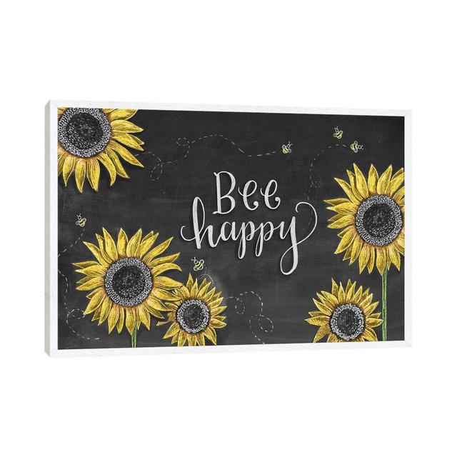 Sunflower Bee Happy by Lily & Val - Print on Canvas August Grove Format: White Framed Canvas, Size: 45.72cm H x 66.04cm W x 3.81cm D on Productcaster.