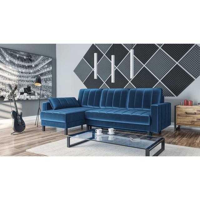 Ecksofa Larrick mit Bettfunktion Ebern Designs Polsterfarbe: Blau, Ausrichtung: Links ausgerichtet on Productcaster.