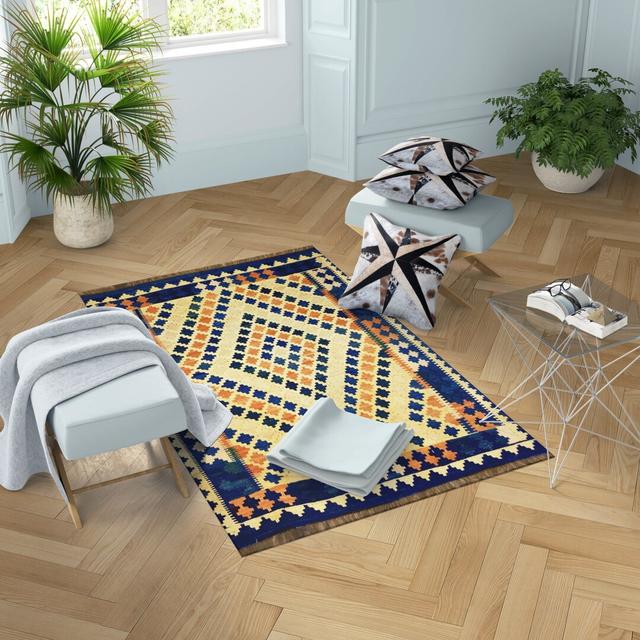 Hoekstra Handmade Kilim Wool Beige/Blue/Yellow Rug World Menagerie on Productcaster.