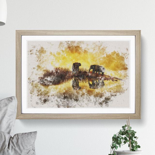 Elephants at Sunset Watercolour - Picture Frame Graphic Art East Urban Home Frame Option: Oak, Size: 48cm H x 65cm W x 2cm D on Productcaster.